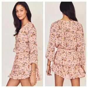 Loveshackfancy Popover Sunset Pink Floral Silk Mini Dress Size S
